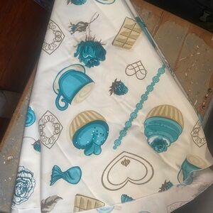 Teal and Beige Round Tablecloth with Serving Napkins